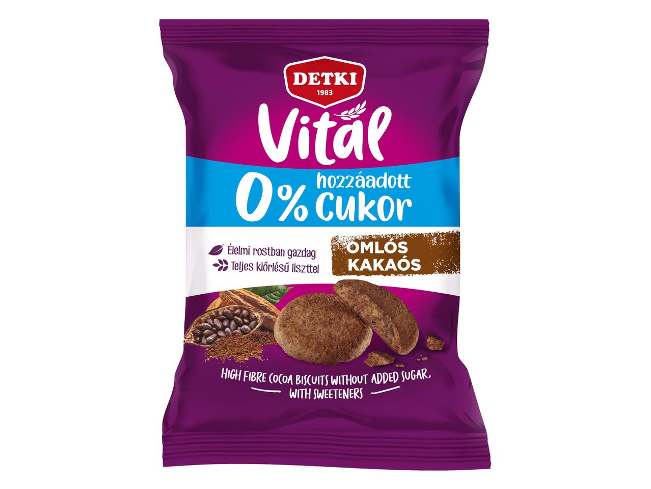 Detki Vital magas rosttartalmú kakaós keksz hozzáadott cukor nélkül.