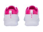 Pair of white and pink athletic shoes with a textured sole, viewed from the back.