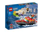 Lego City Fire Rescue Boat set with minifigures and a burning boat on the water.