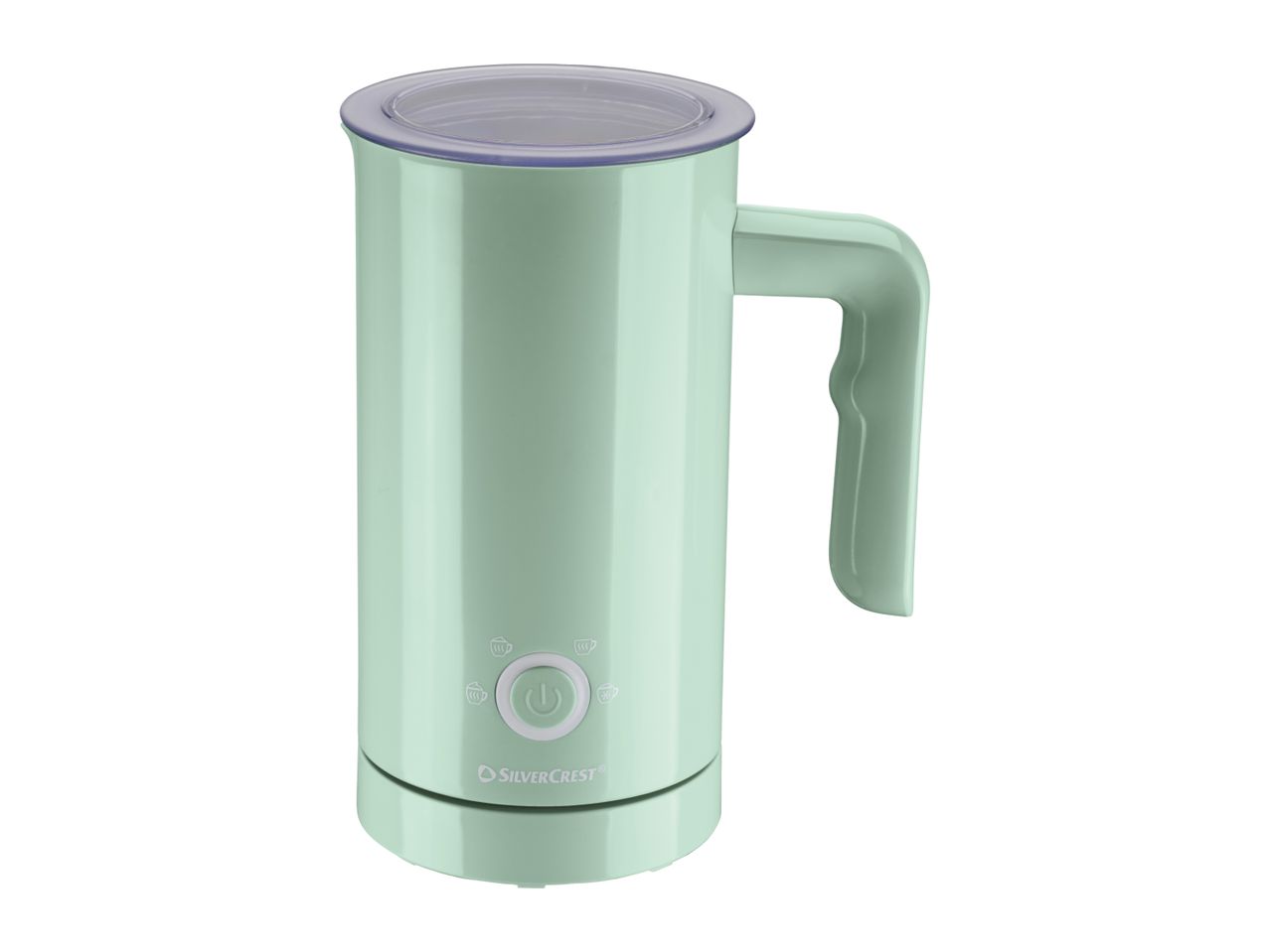 Light green milk frother with a handle and a transparent lid, featuring a central power button surrounded by four function icons.