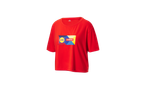 Uma camiseta vermelha Crivit com o logotipo Lidl Trek.