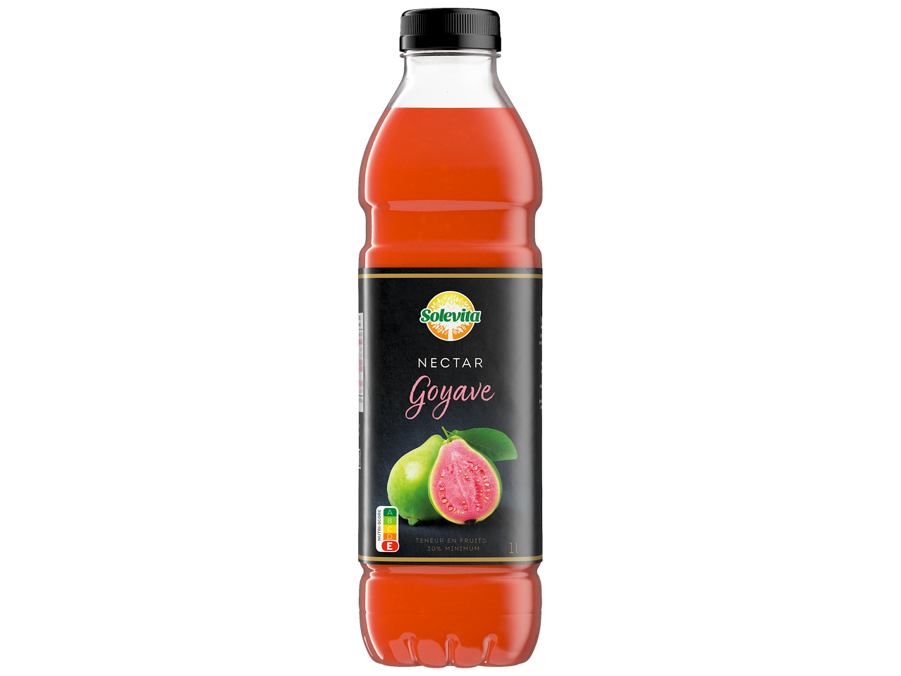 Bouteille de nectar de goyave avec Nutri-Score E et 30% de fruits minimum.