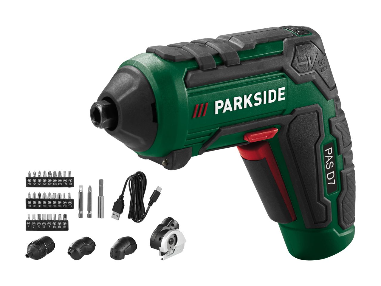 Parkside batteridrevet skruetrækker med bitsæt, USB-kabel og forskellige tilbehør.