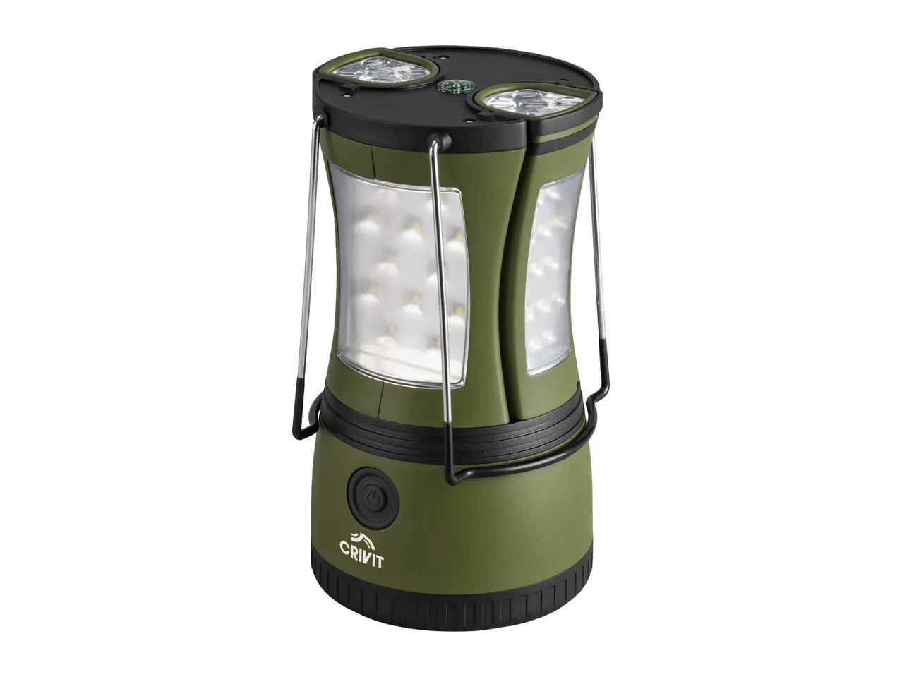 Green camping lantern with LED lights and a compass on top