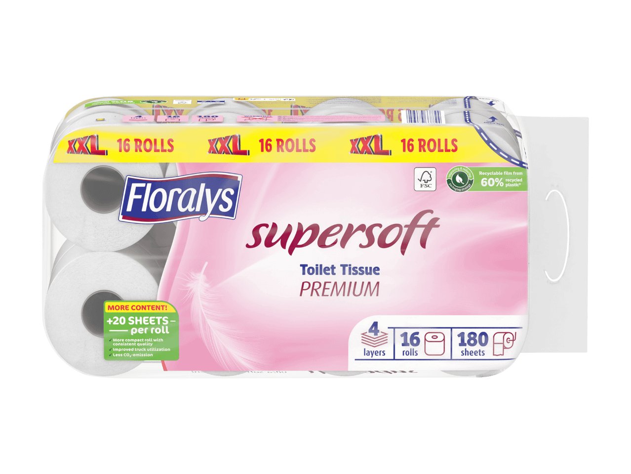 Floralys Supersoft Premium Toilettenpapier, 16 XXL Rollen mit 180 Blatt.