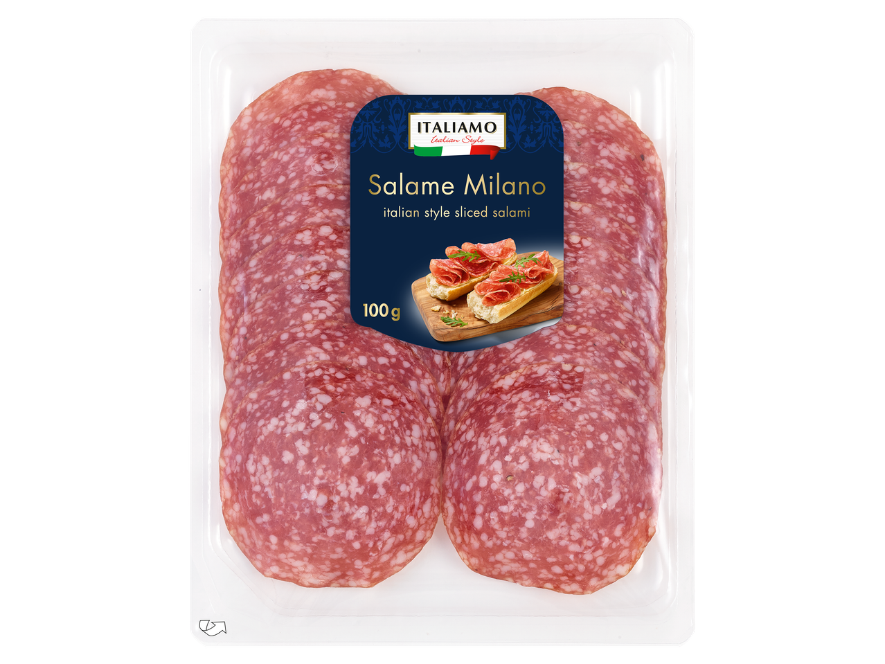 Szeletelt szalámi csomagolásban, „Salame Milano” felirattal és bruschetta illusztrációval.