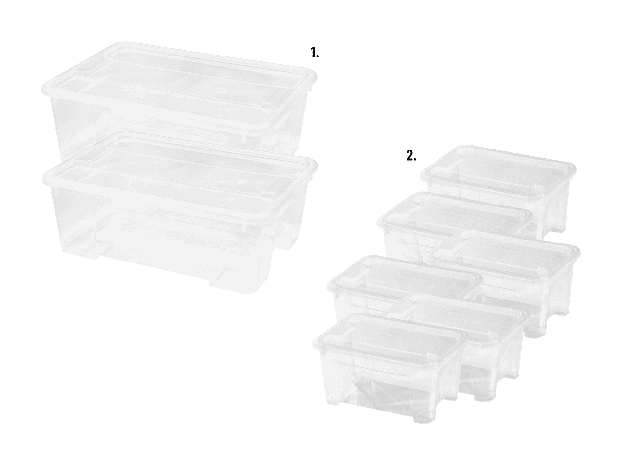 Transparente Kunststoff-Aufbewahrungsboxen mit Deckeln, in verschiedenen Größen, gestapelt und gruppiert.