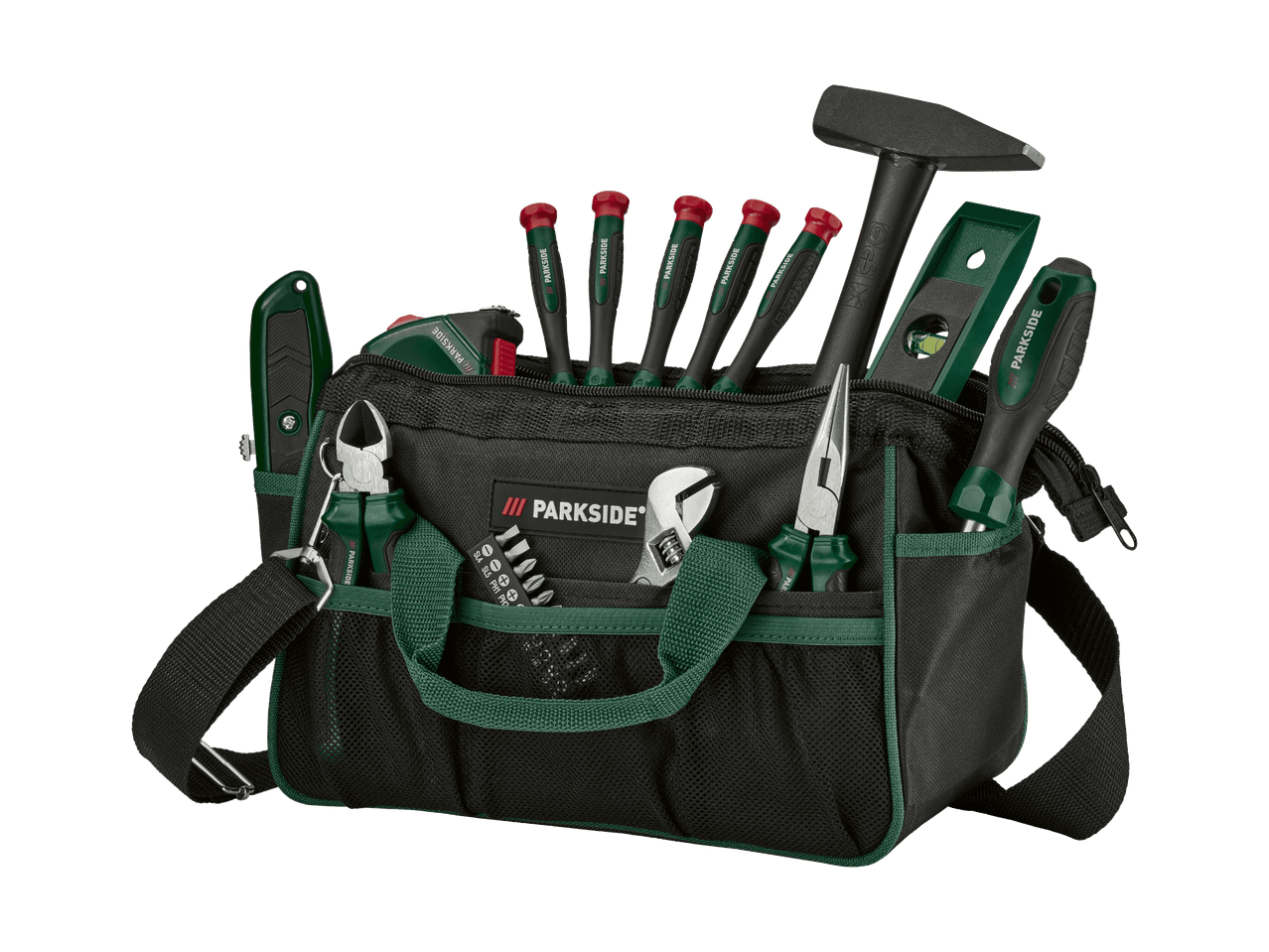 Sac à outils avec tournevis, marteau, pinces et embouts