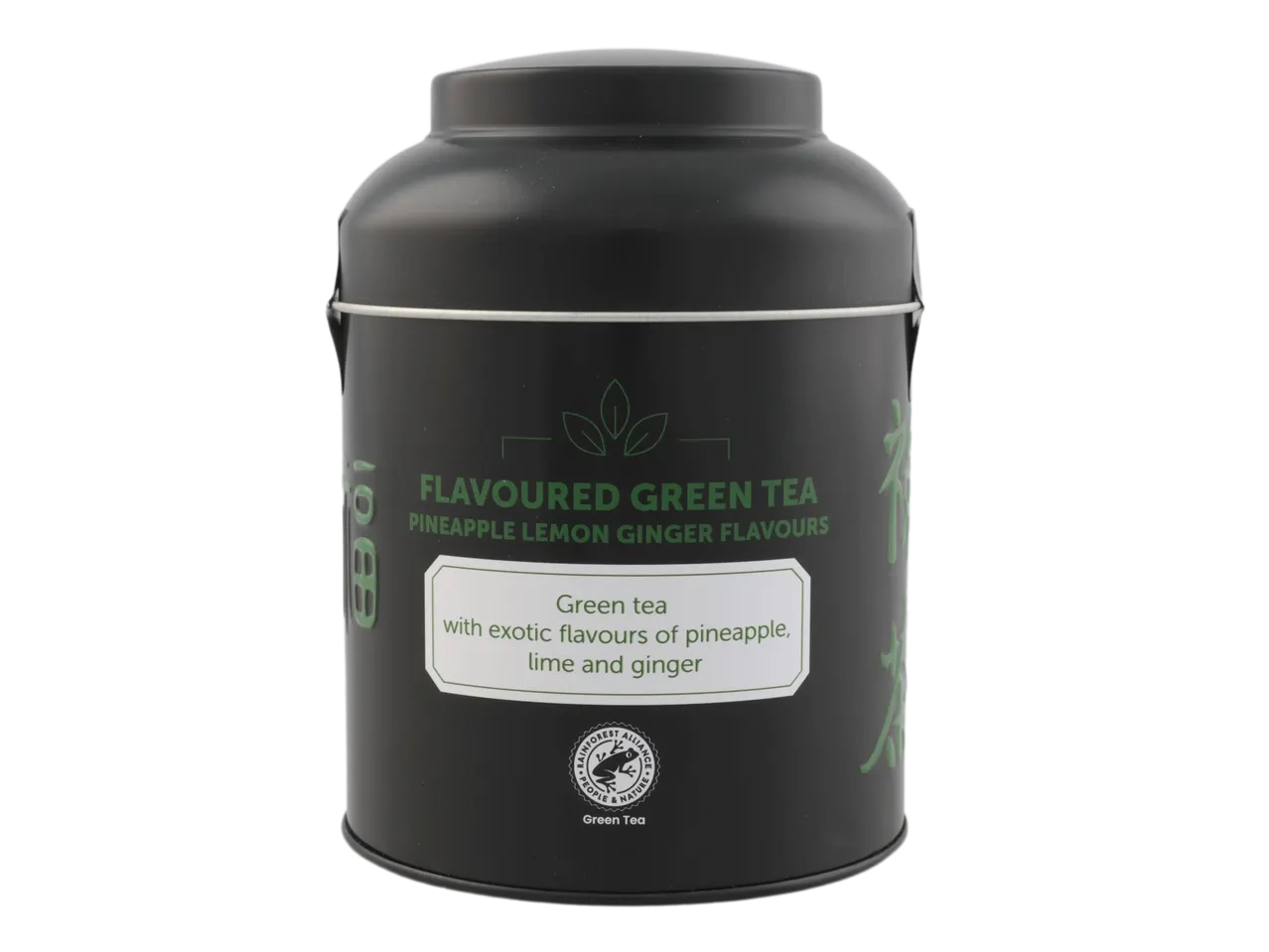 Black tea tin with green tea, pineapple, lemon, and ginger flavors, featuring a Rainforest Alliance seal.