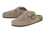 Pair of light brown suede clogs with adjustable buckles and cork soles.