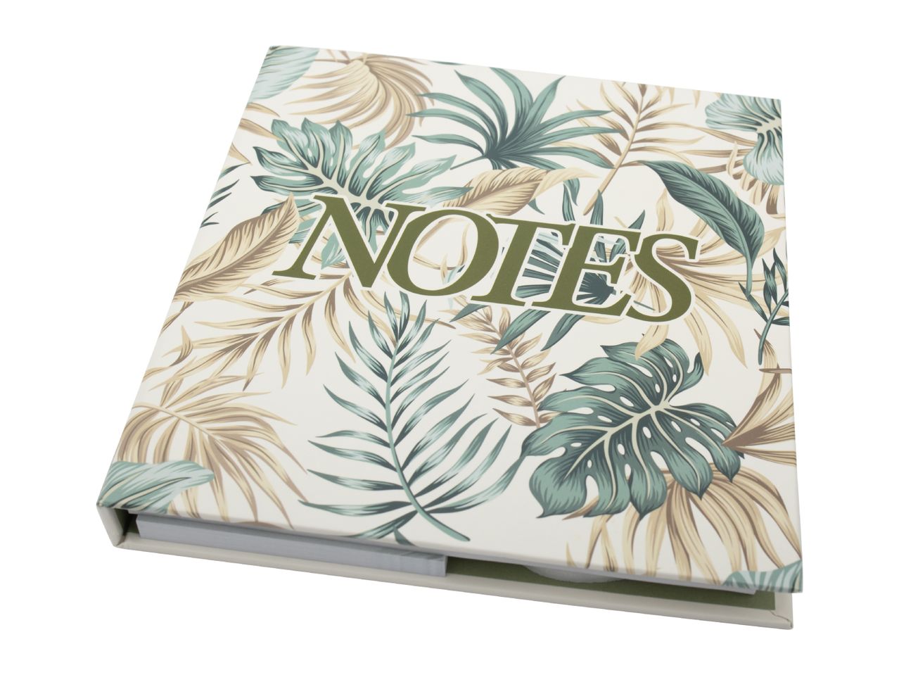 Tropical leaf pattern notebook with 'NOTES' text on the cover
