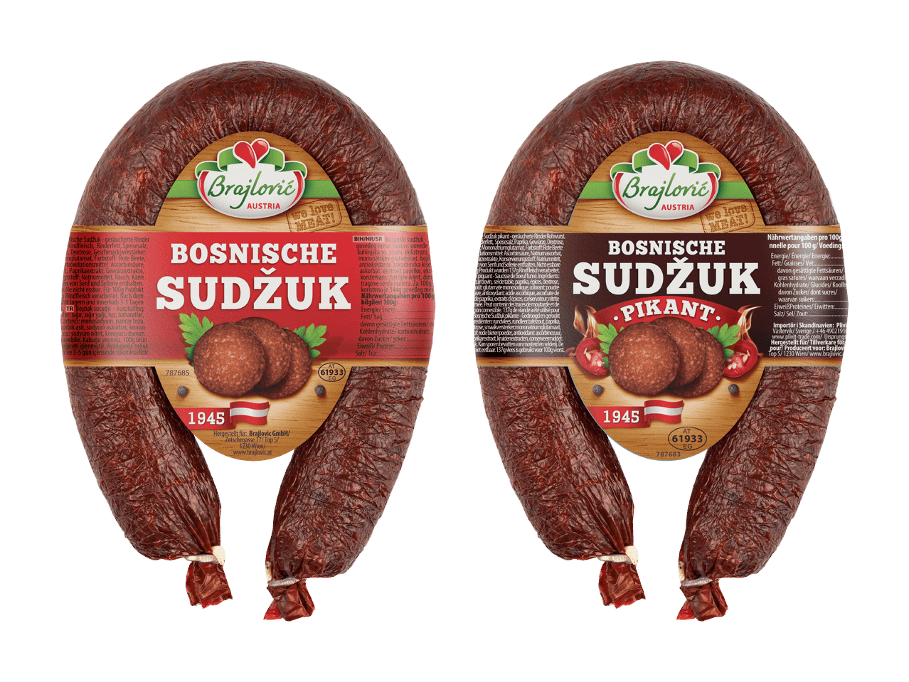 Zwei Packungen Brajlovic Bosnische Sudžuk, eine klassisch und eine pikant.