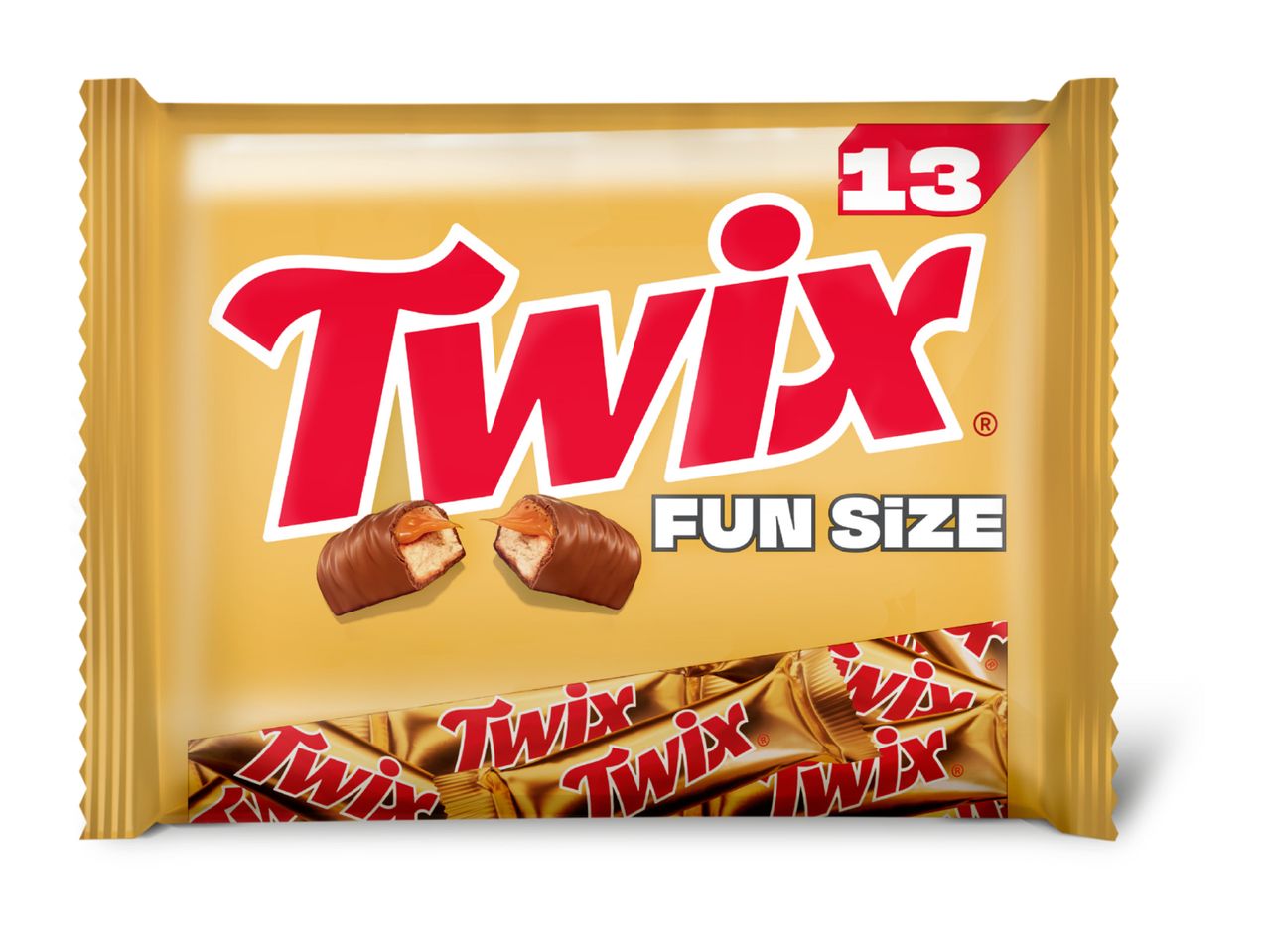 A pack of 13 fun-size chocolate biscuit bars with caramel.