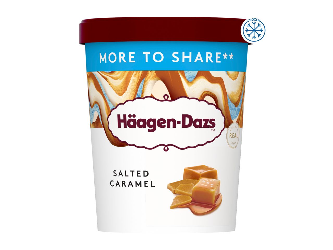 Frozen salted caramel ice cream tub with a 'More to Share' banner.