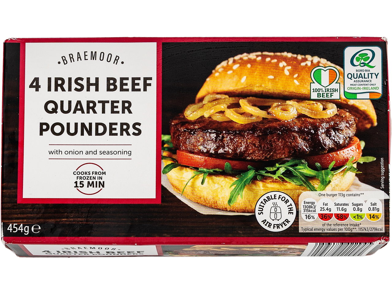 Packaging for four Irish beef quarter pounders with onion and seasoning, showing a cooked burger.