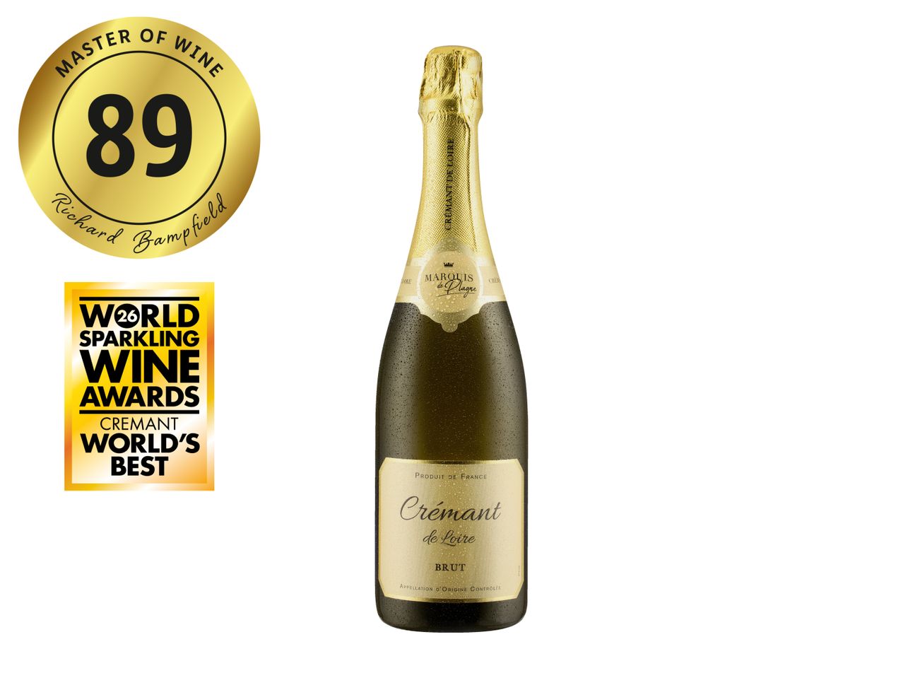 Sparkling wine bottle with gold foil, Master of Wine 89 points, and World Sparkling Wine Awards 'Crémant World's Best' badges.
