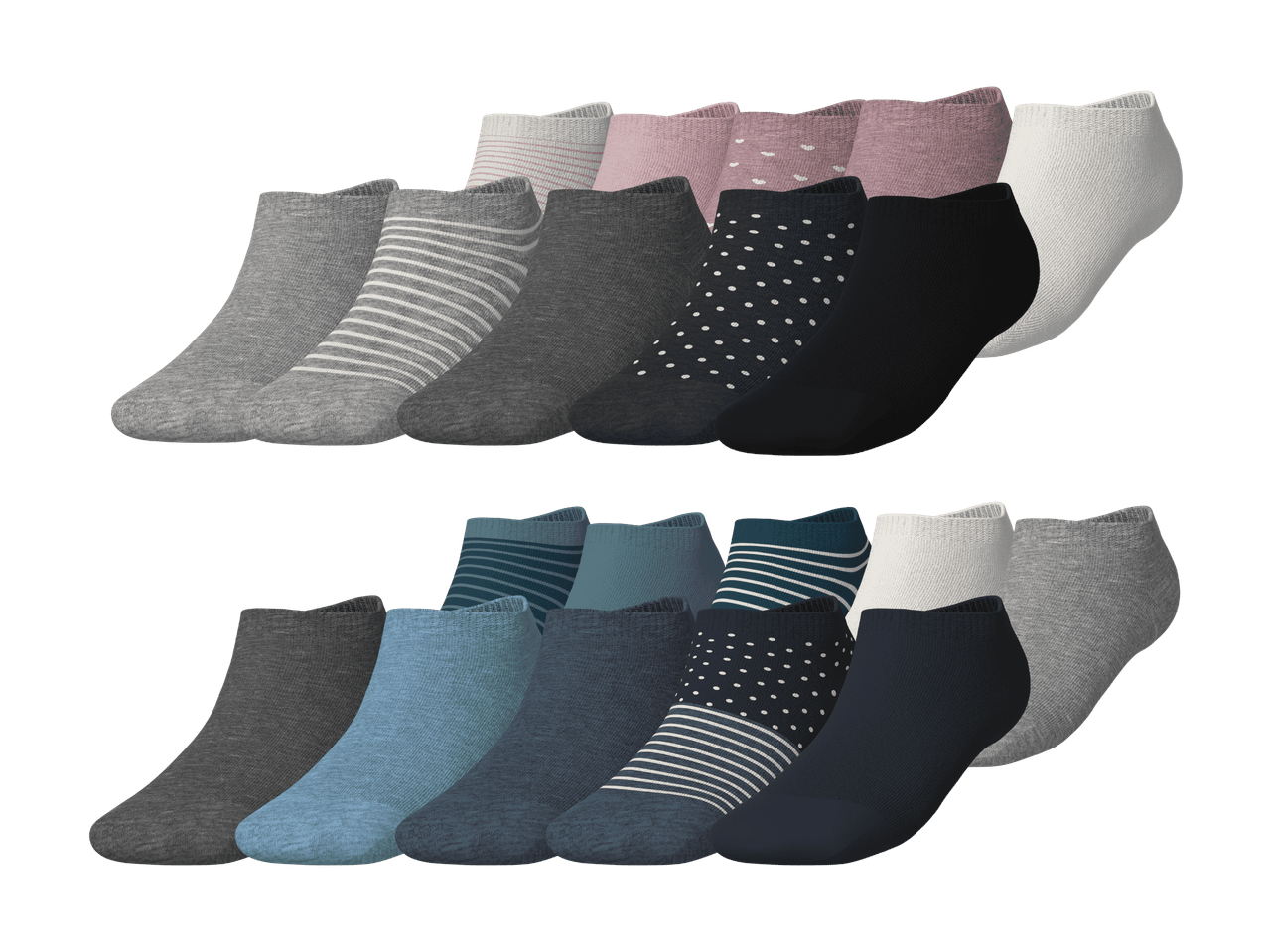 Deux rangées de chaussettes de différentes nuances de gris, bleu, rose et blanc, certaines rayées ou à pois.