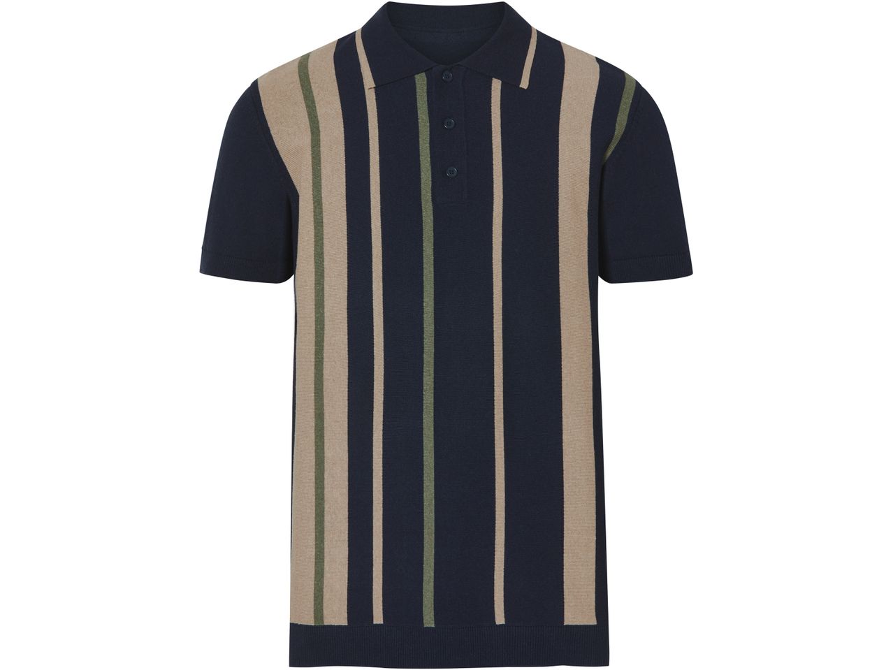 Navy blue and beige striped men's polo shirt.