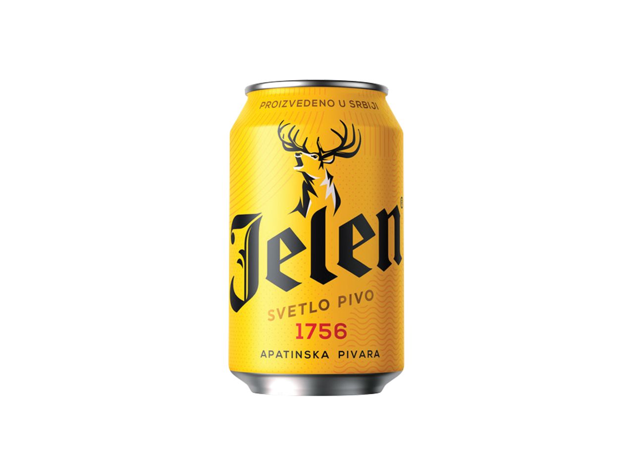 Žuta limenka Jelen piva sa logom jelena i natpisom 'Svetlo pivo 1756'.
