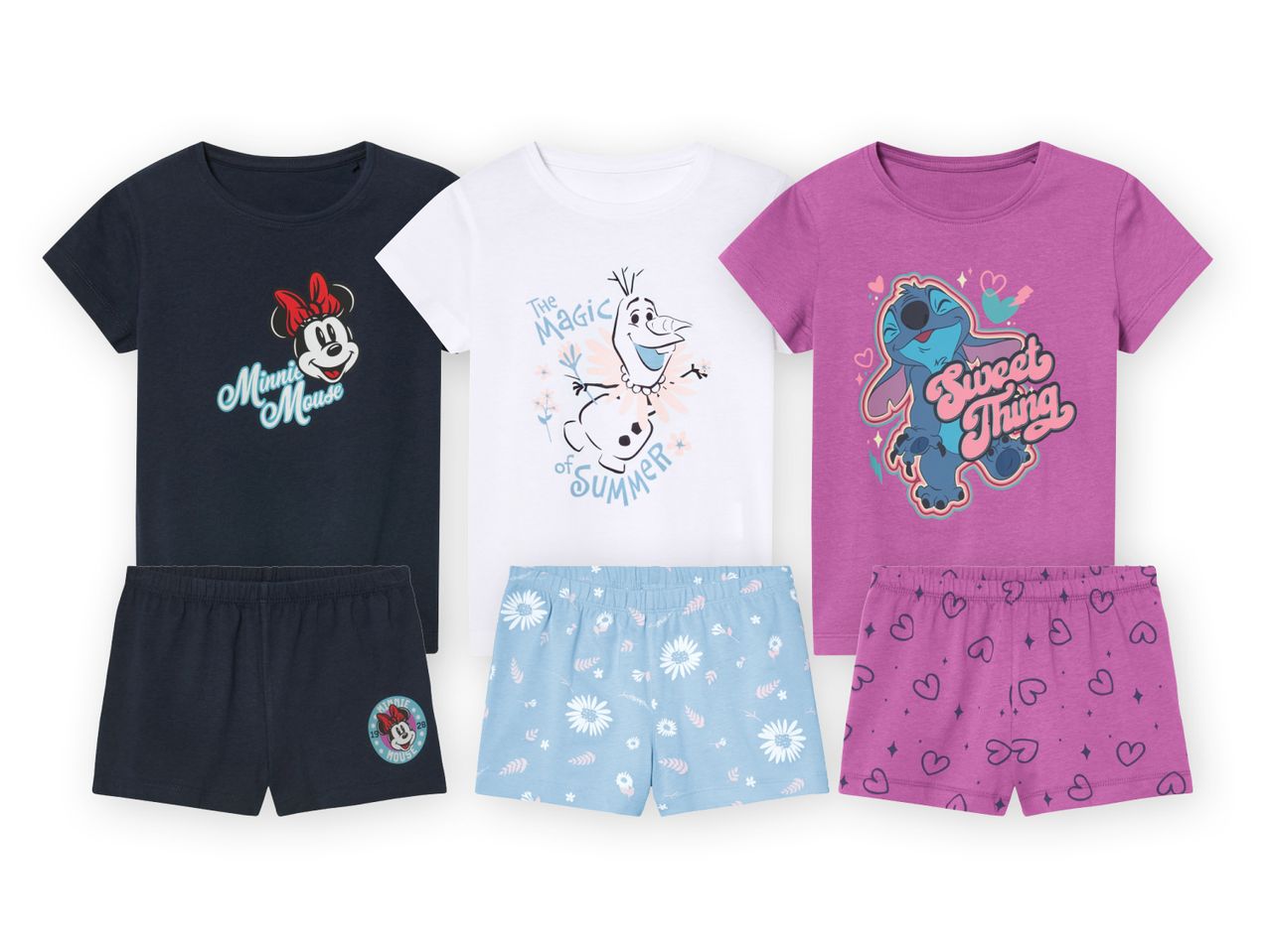 Trys vaikų pižamų komplektai su „Minnie Mouse“, „Frozen“ ir „Lilo & Stitch“ motyvais.