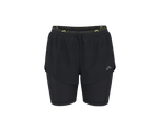Calções desportivos CRIVIT pretos com cordão e detalhes amarelos.