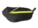 Black fanny pack with a bright green zipper and cord