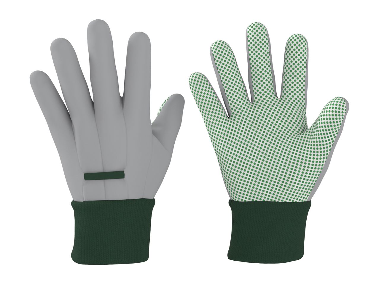 Pair of grey and green gardening gloves, one showing the palm with green dots.