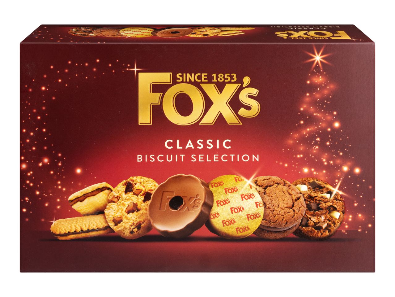 A festive red box of classic chocolate and sweet biscuits with a sparkling Christmas tree design.