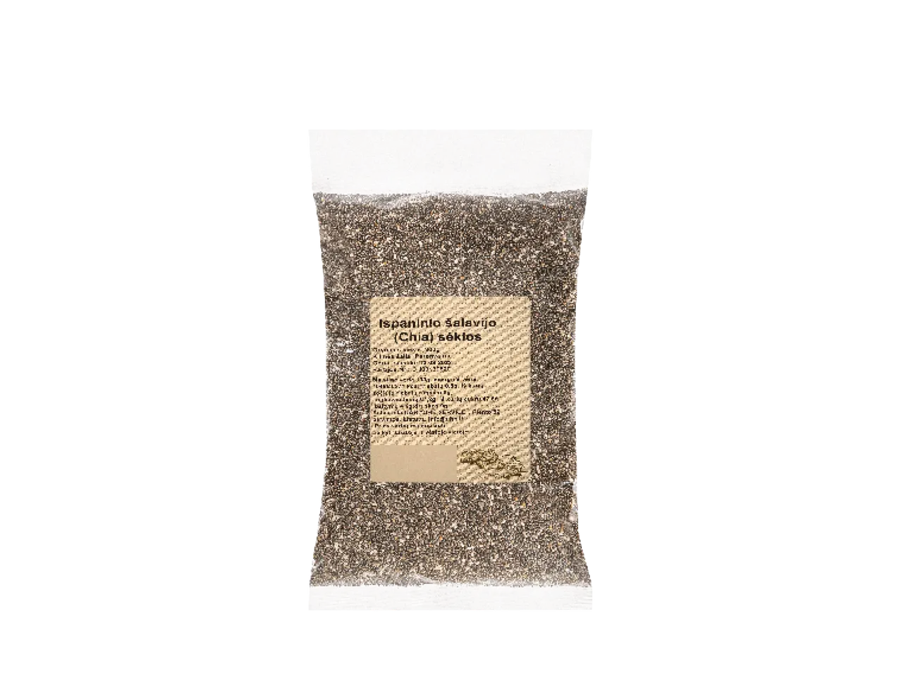Ispaninio šalavijo (Chia) sėklos permatomoje pakuotėje.