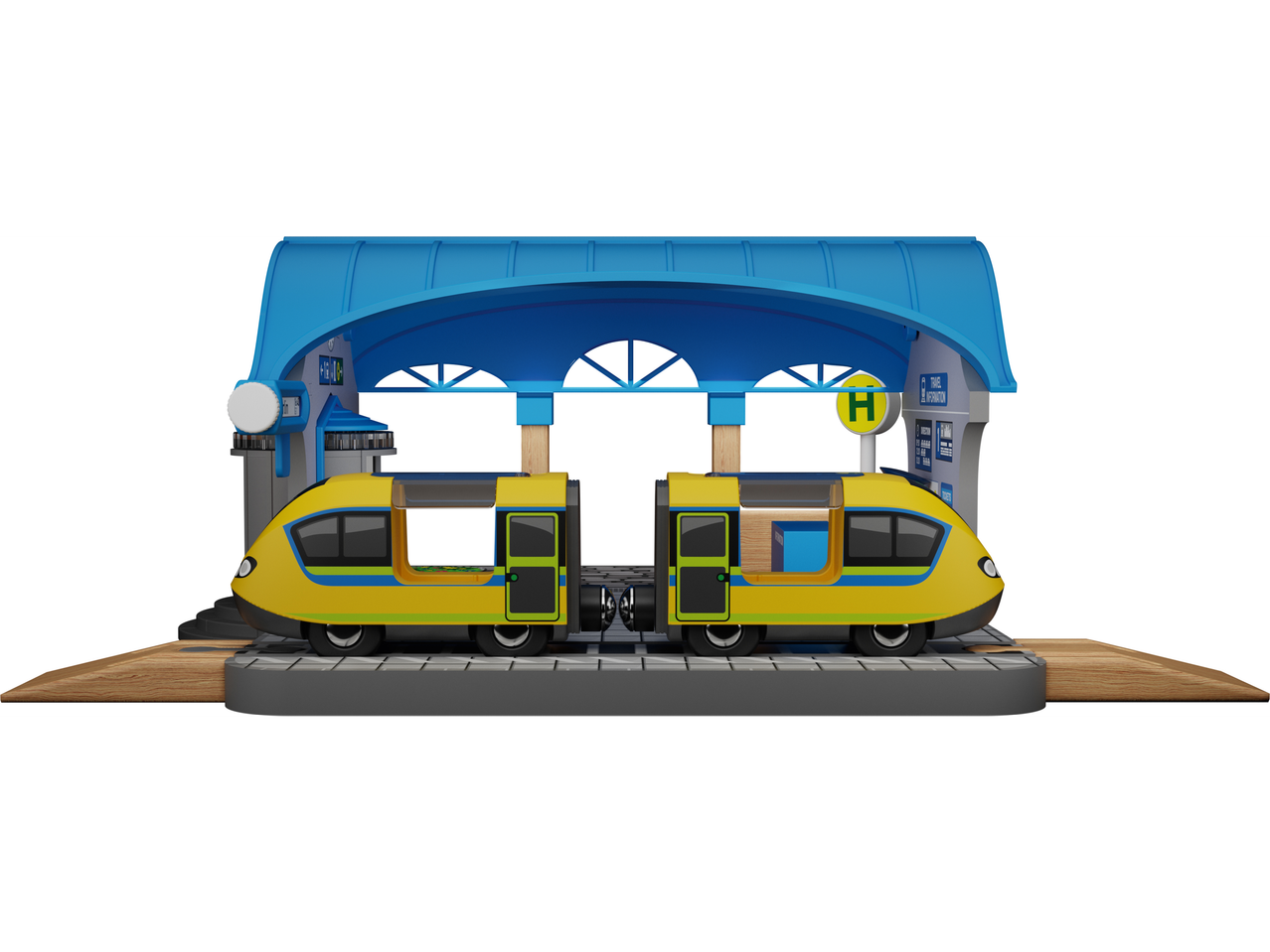 Lupilu drveni set voza sa žutim vozom i plavom stanicom.