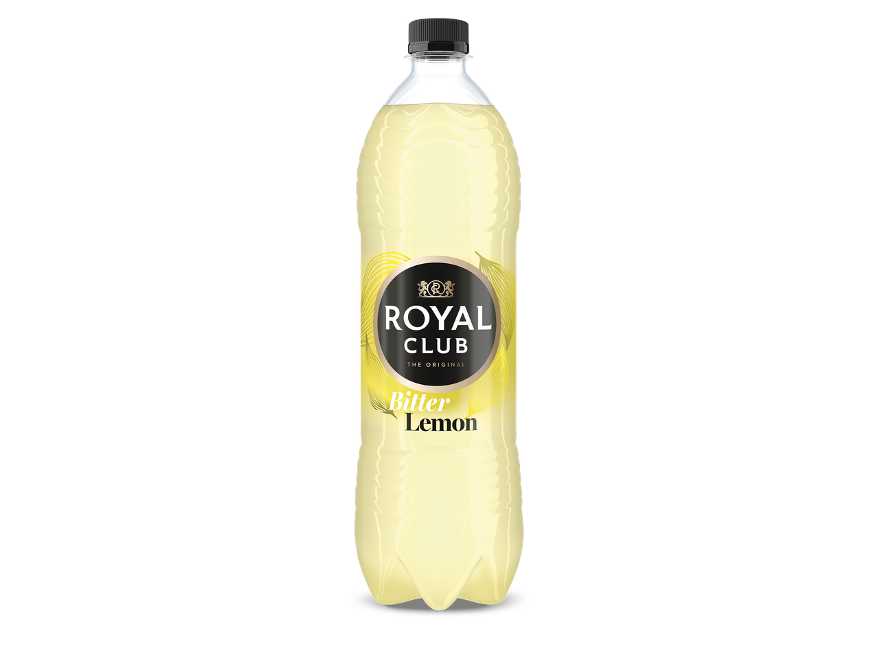 Een plastic fles bitter lemon frisdrank met een zwarte dop tegen een zwarte achtergrond.