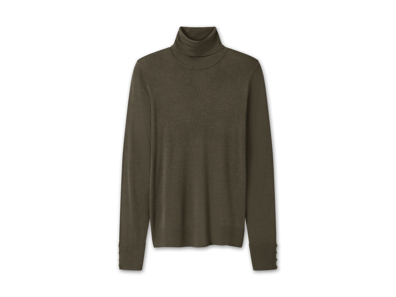 Dunkelgrüner Rollkragenpullover mit Knopfdetails an den Ärmelbündchen