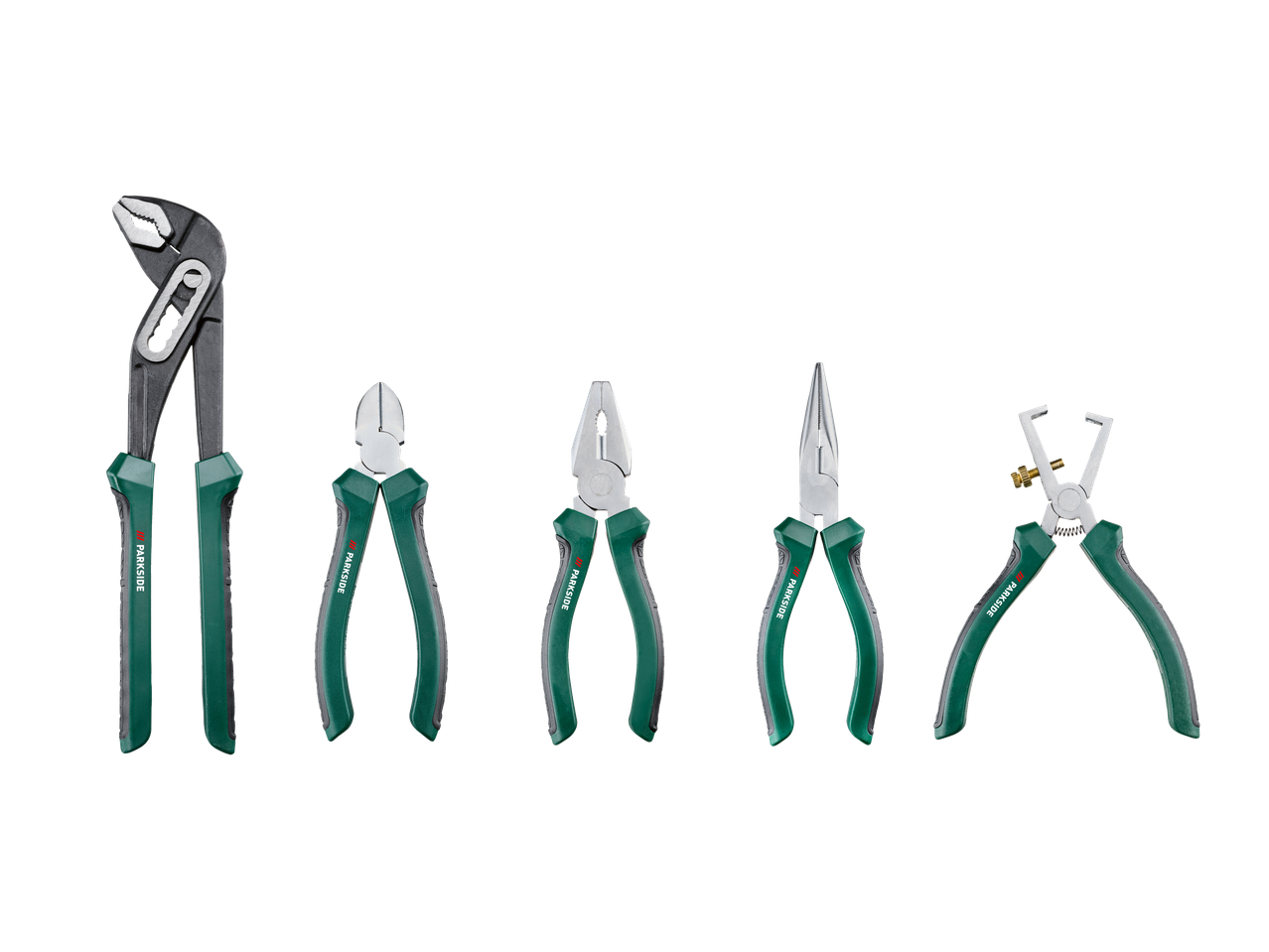 A set of five different pliers, including water pump pliers, side cutters, combination pliers, long nose pliers, and wire strippers, all with green and black handles.