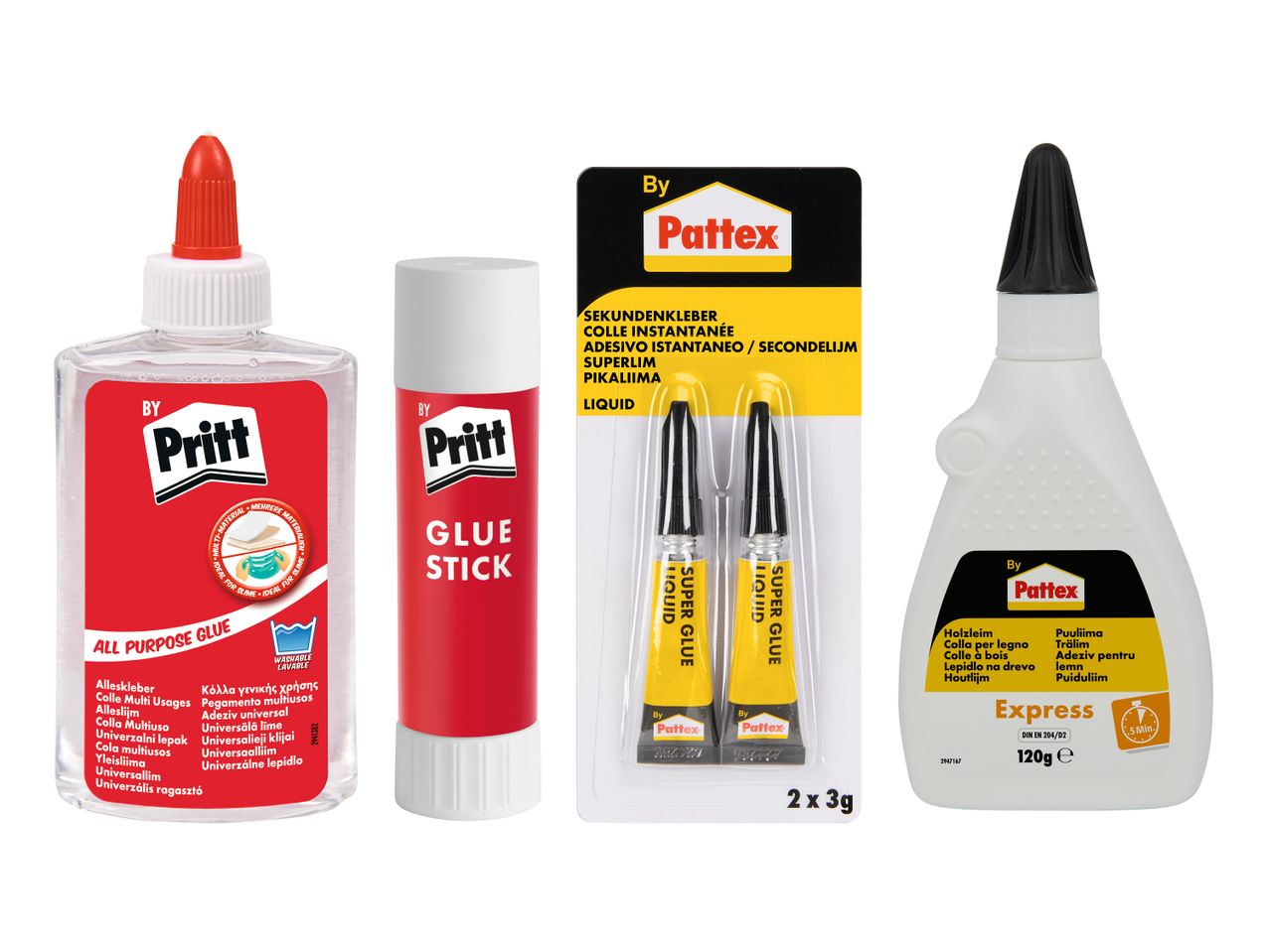 Vier verschiedene Klebstoffe von Pritt und Pattex, darunter Flüssigkleber, Klebestifte und Sekundenkleber.
