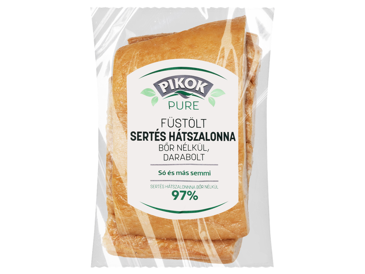 Füstölt, darabolt sertésszalonna bőr nélkül, 97% hústartalommal, átlátszó csomagolásban.