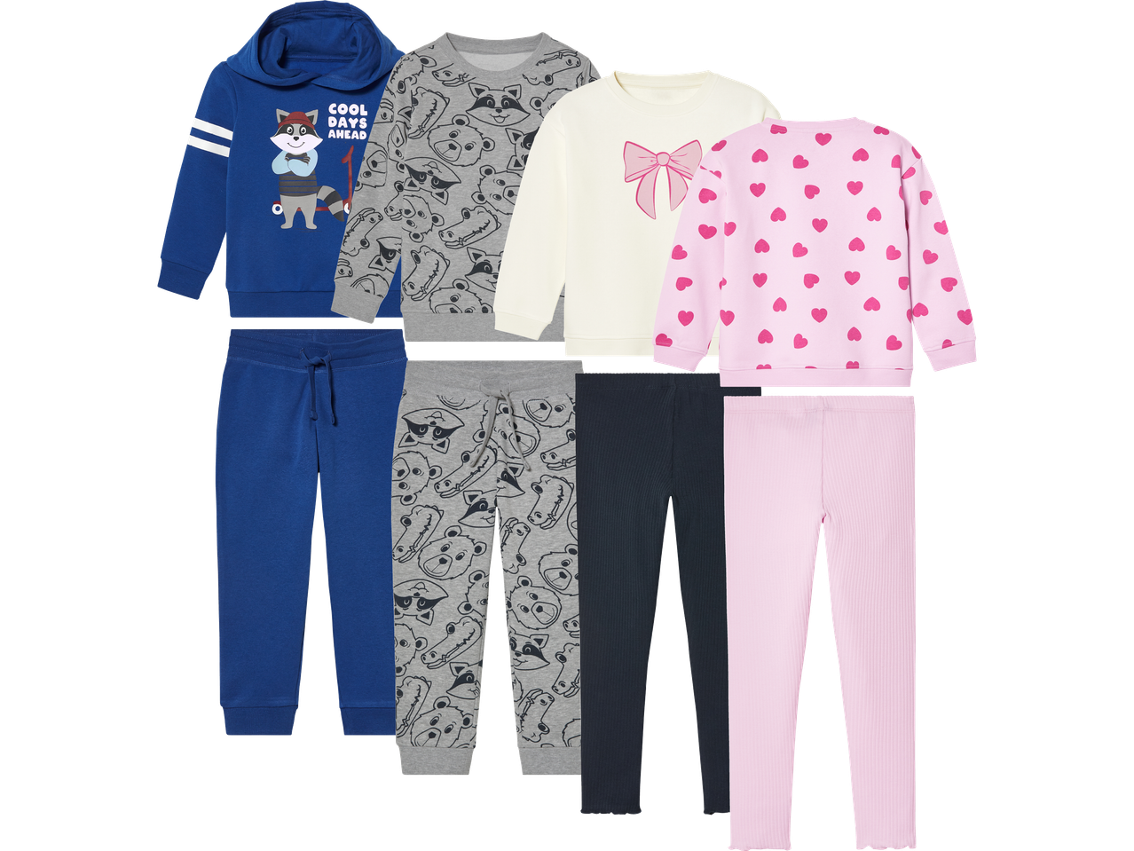 Barnkläder: Hoodies, tröjor och byxor med djur- och hjärtmotiv.