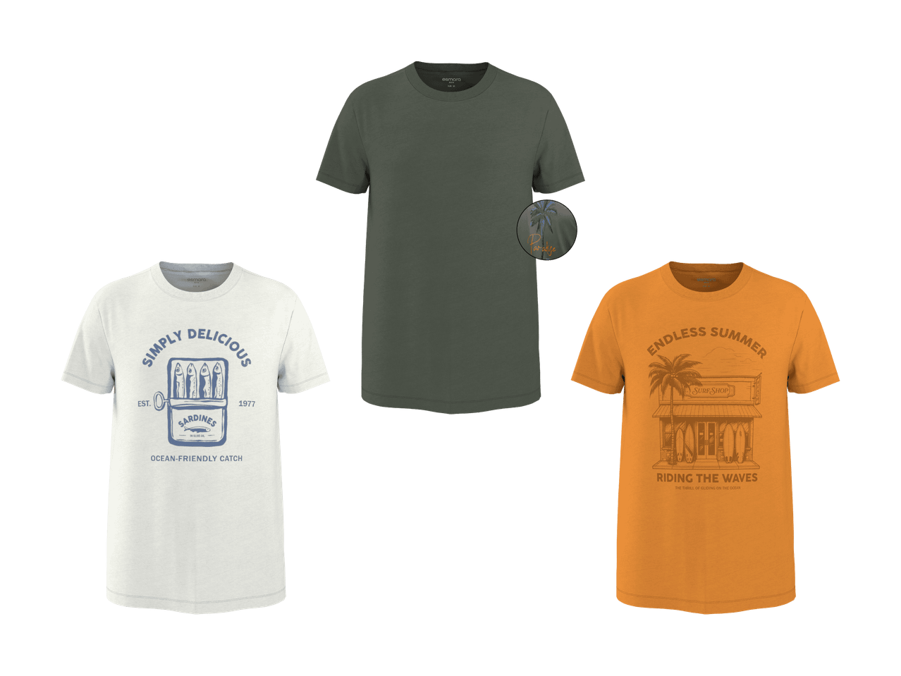 Trois t-shirts : blanc avec motif sardines, vert olive avec motif palmier et orange avec motif surf shop.