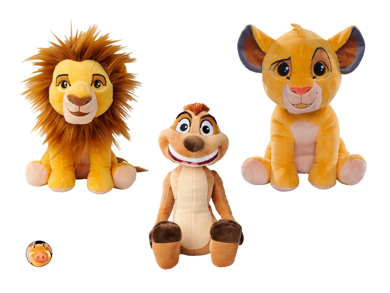 Plüschtiere Simba, Timon und ein kleiner Charakter aus dem König der Löwen.