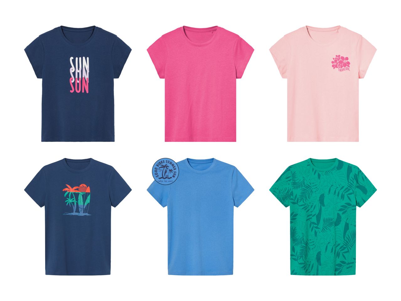 Sechs T-Shirts in verschiedenen Farben und Designs.