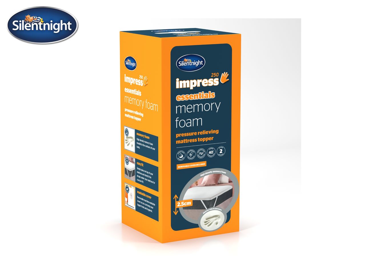 Memory foam mattress topper with removable cover, 2.5cm thick, for pressure relief.