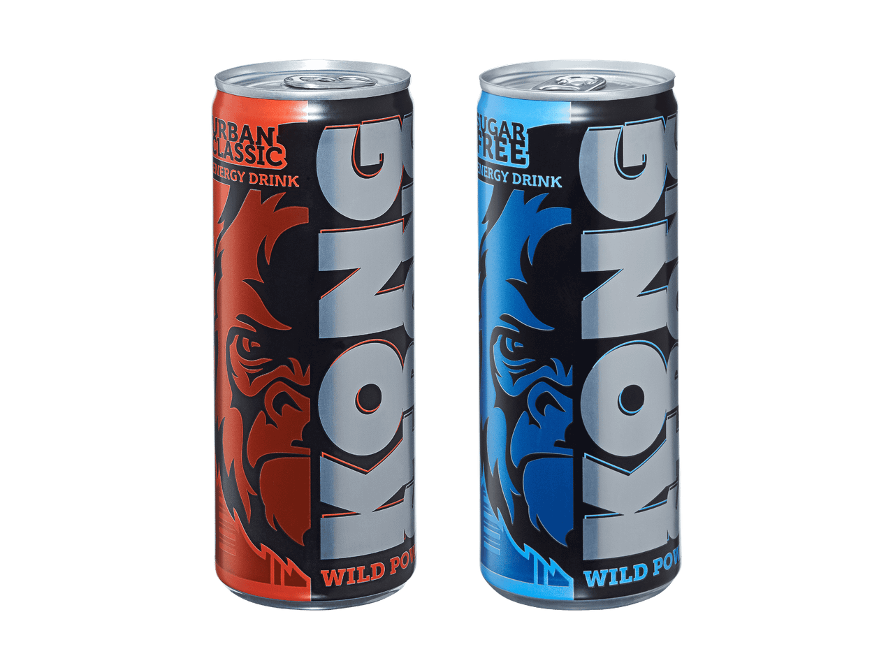 Deux canettes de boisson énergisante, une rouge « URBAN CLASSIC » et une bleue « SUGAR FREE », avec un motif de tête de lion et le texte « WILD POWER ».