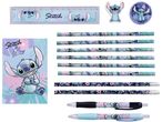 Set di cancelleria a tema Stitch con righello, matite, penne, gomma e temperamatite.