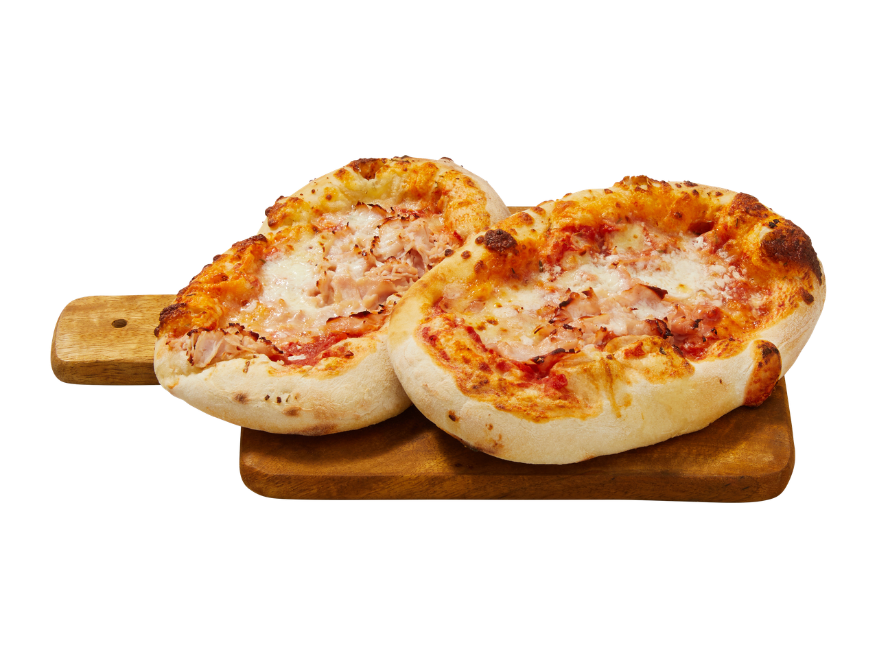 Kaksi pientä pizzaa puulaudalla, täytteenä juustoa ja kinkkua.