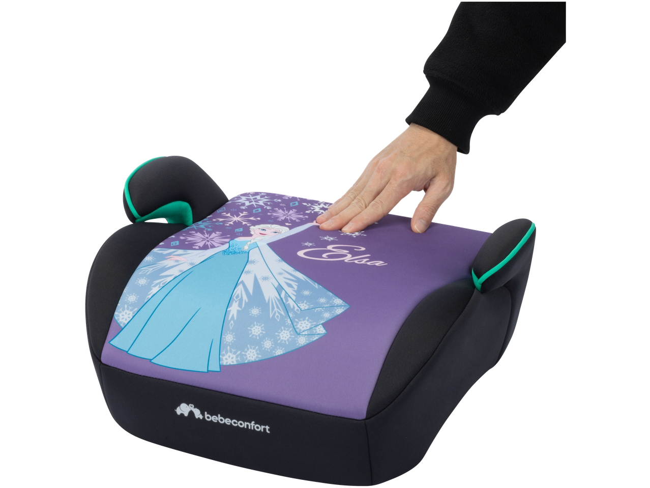 Bebeconfort Booster Seat with Elsa from Frozen design, purple with snowflakes, hand touching seat.