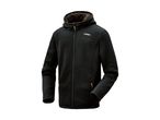 Black hooded fleece jacket with a brown faux fur lining and yellow zipper details.