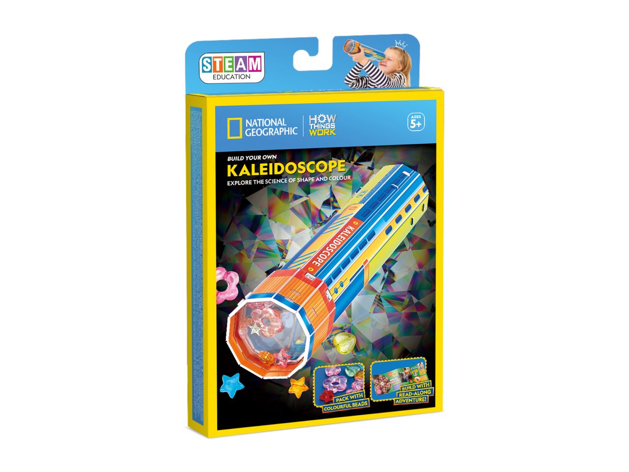 STEAM education kaleidoscope kit for ages 5+, exploring shape and color with colorful beads.