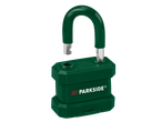 Cadeado Parkside verde aberto com manilha de metal.