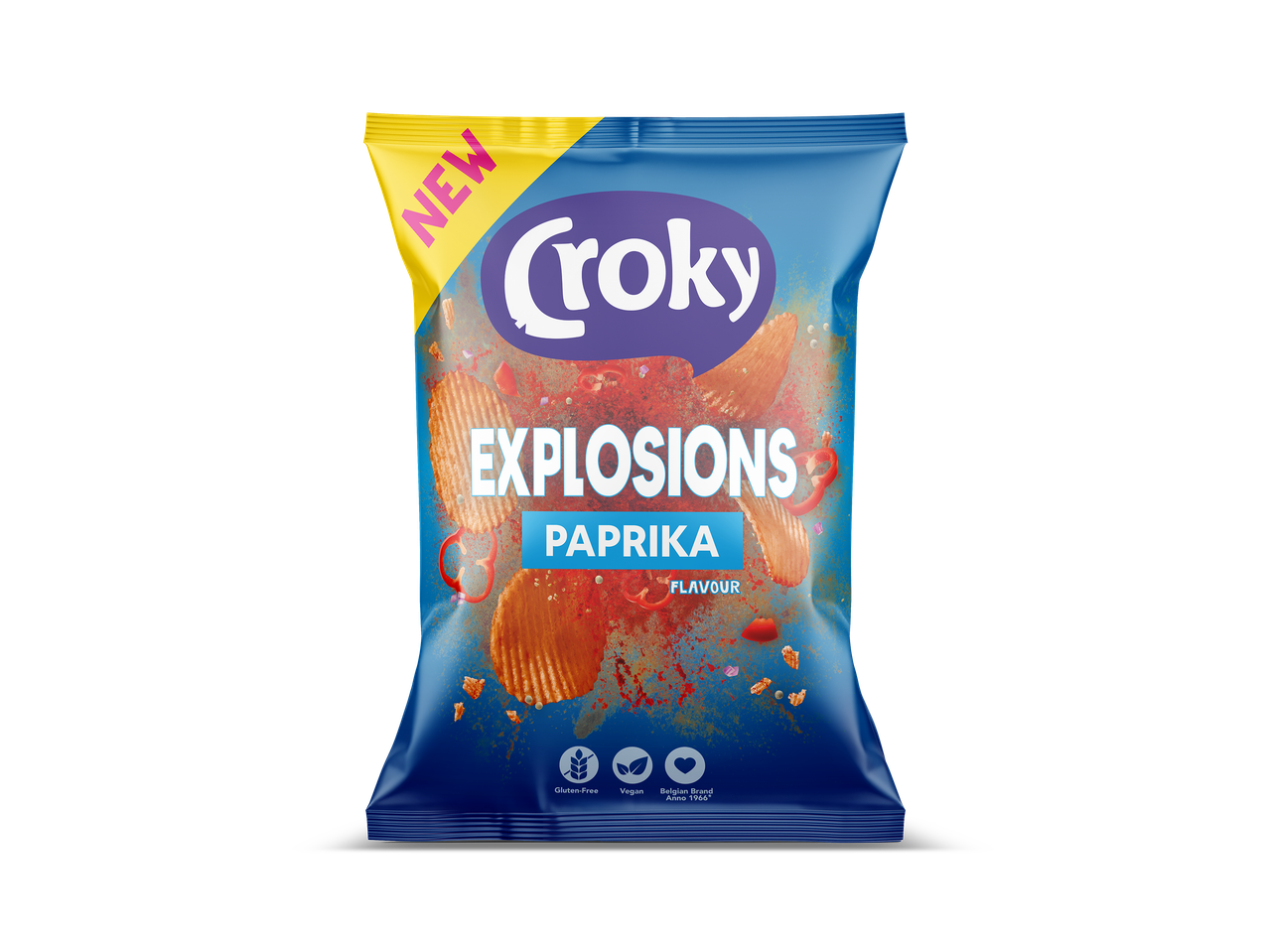 Zak geribbelde paprika chips met de tekst 'Explosions Paprika Flavour' en 'New'.