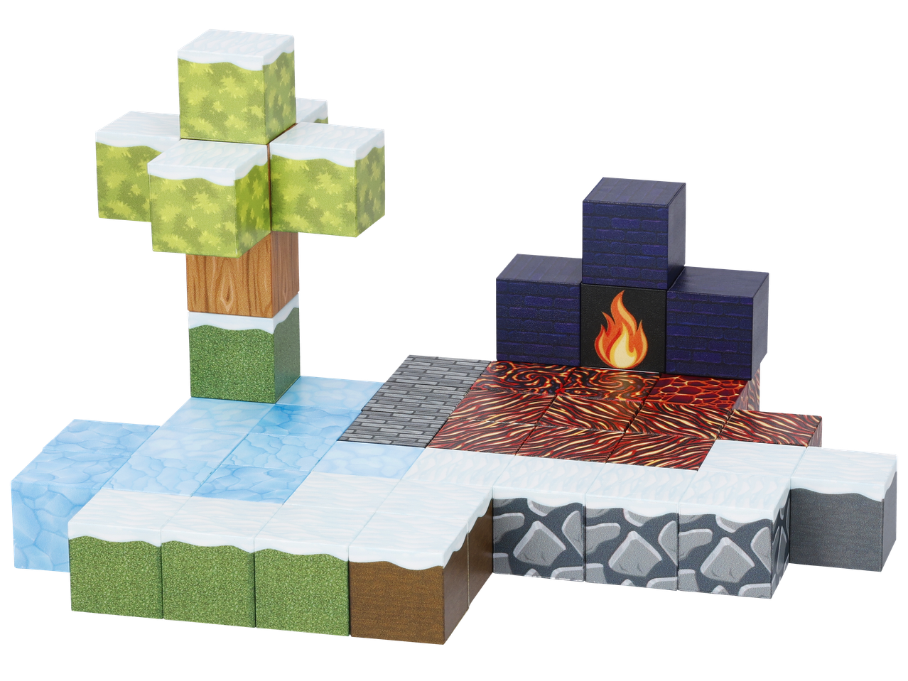 Комплект от кубчета за игра, изобразяващи дърво, вода, лава и камъни.