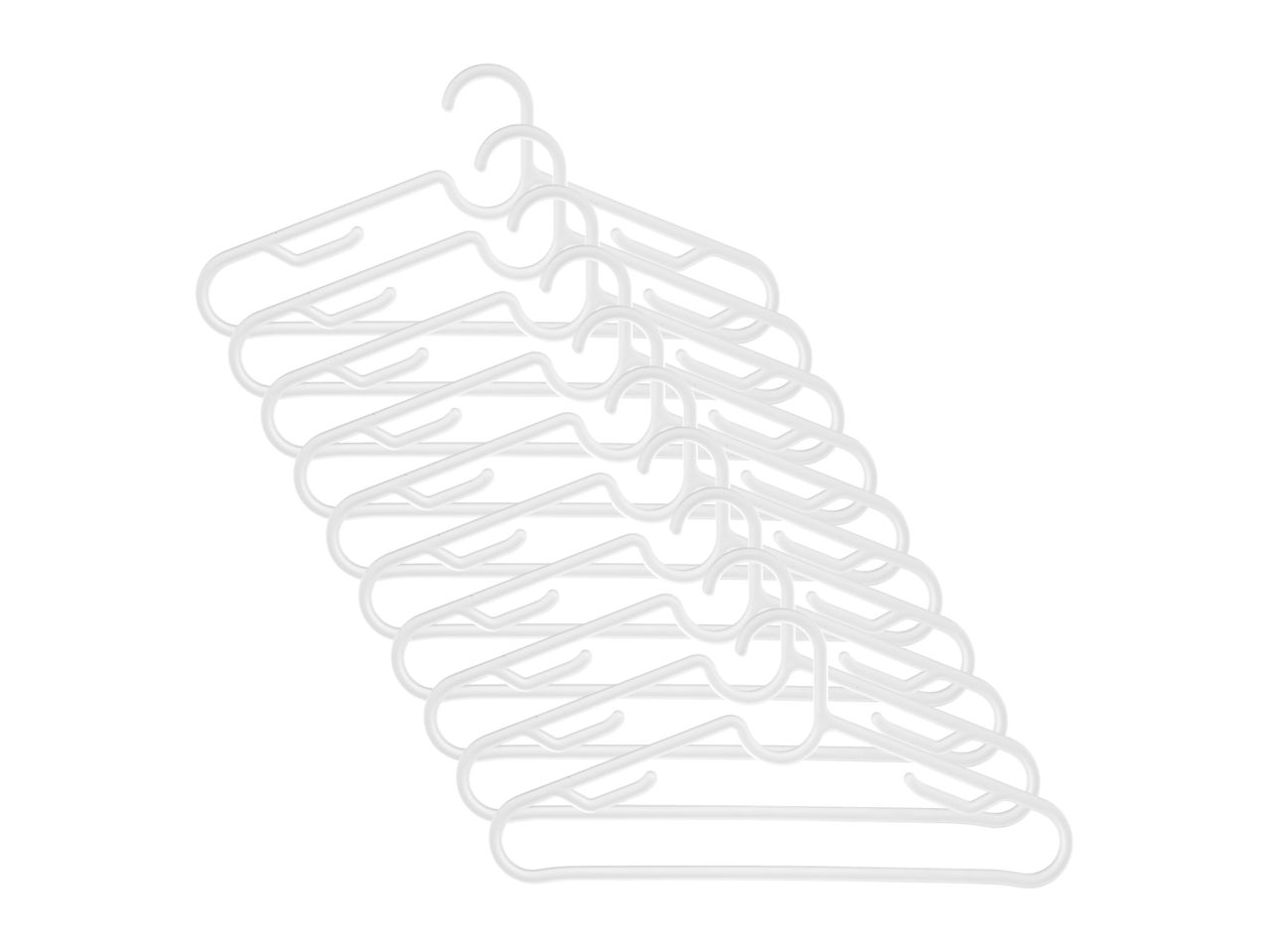 A stack of white plastic clothes hangers, fanned out against a white background.